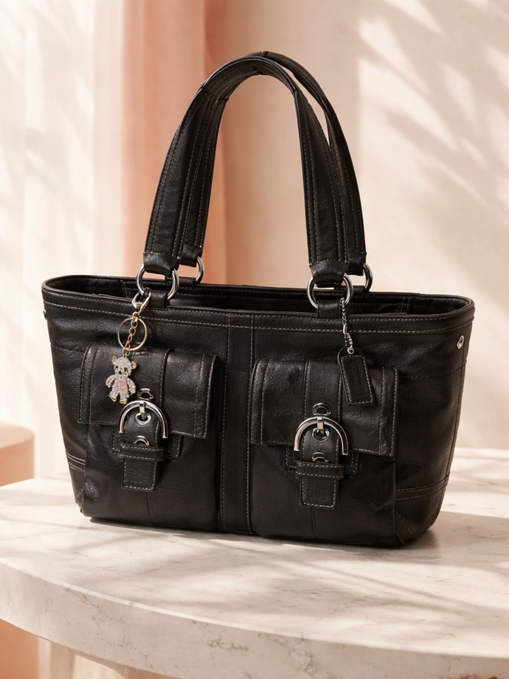 Coach Y2K  Black Leather Shoulder Tote with Front Buckle Pockets